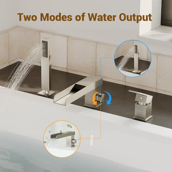 2-Handle 2-Spray Tub Deck Mount Roman Waterfall Tub Faucet with Hand Shower in Brushed Nickel (Valve Included)