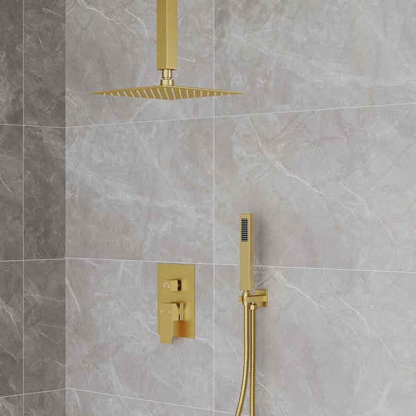 Single-Handle 2-Spray Wall Mount 10 in. Shower Faucet 2.5 GPM with Anti Scald with Hand Shower Faucet in. Brushed Gold