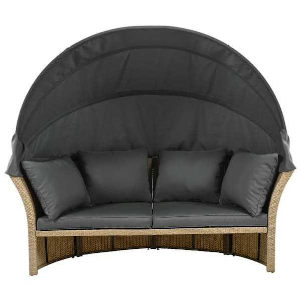 Brown Wicker Outdoor Day Bed with Grey Cushions and Retractable Canopy