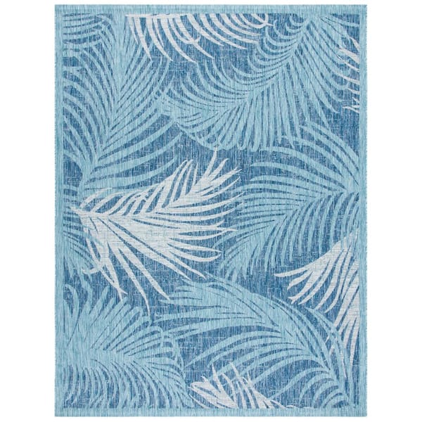 SAFAVIEH Courtyard Aqua/Navy 9 ft. x 12 ft. Border Leaf Abstract Indoor/Outdoor Patio Area Rug