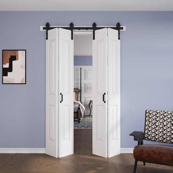 48 in. x 84 in. Assembled Bi-Fold 4 Panel White Primed DIY Available Hollow Core MDF Sliding Barn Door with Hardware Kit
