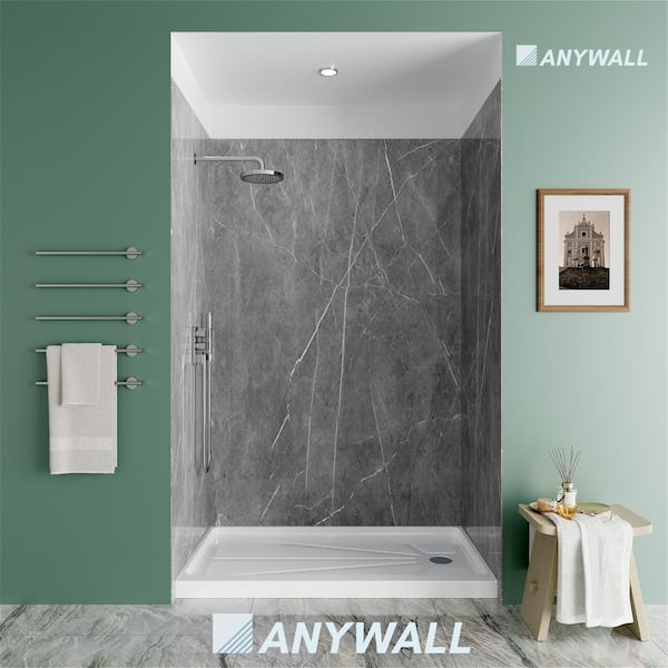 X Marble 60 in. W x 96 in. H 3-Piece Acrylic Full Shower Wall Set in Grey Marble