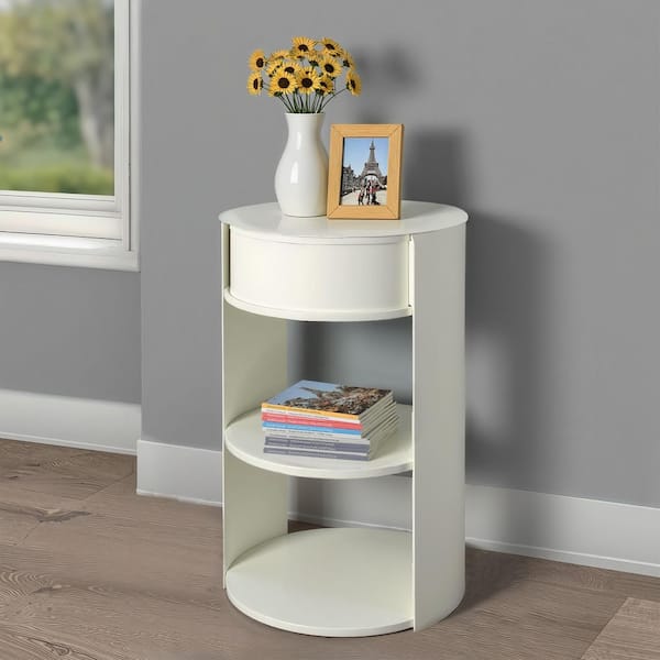 Galvin 15.35 in. Matte White Round Metal End Table, Side Table with 3-Tier, Sliding Door Cabinet