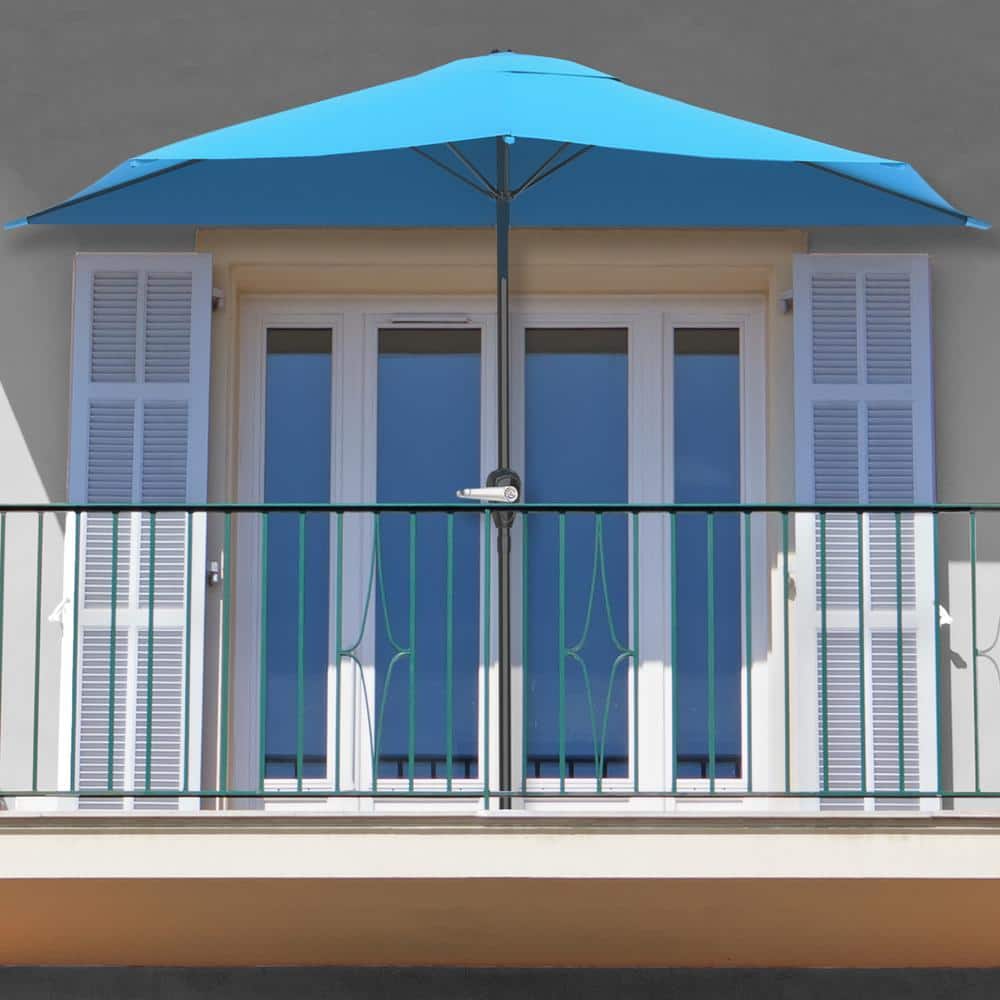 Brilliant Blue Steel Half Market Patio Umbrella with Base