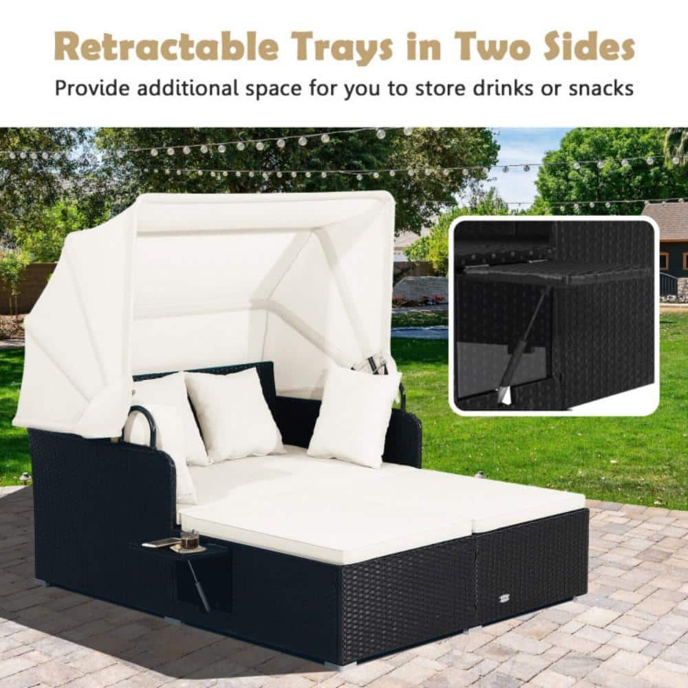 Black Wicker Outdoor Daybed with Off-White Cushions and Canopy