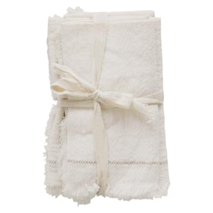 18 in. W x 0.1 in. H Cream Woven Cotton Napkins with Stitch Accent and Fringe (Set of 4)