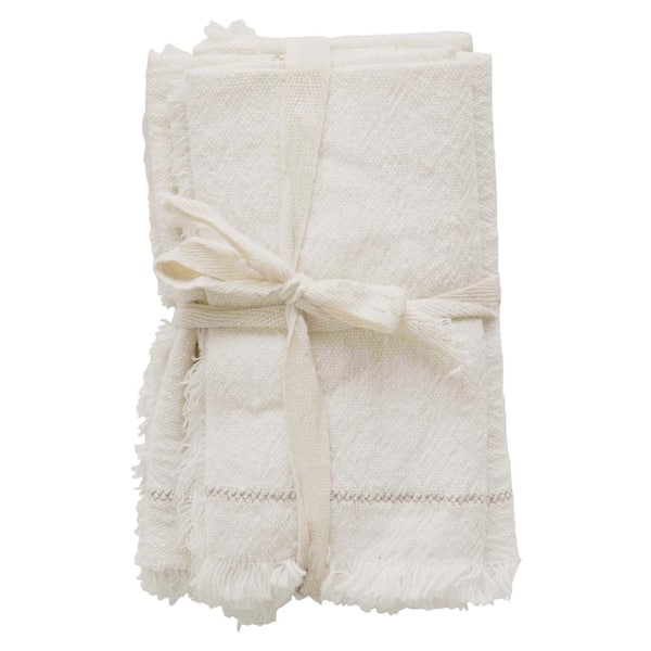 Storied Home 18 in. W x 0.1 in. H Cream Woven Cotton Napkins with Stitch Accent and Fringe (Set of 4)