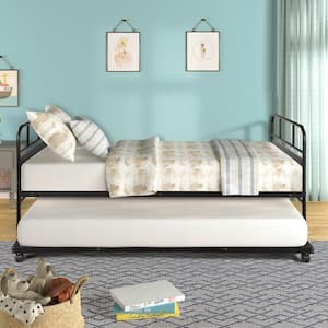 Black Twin Size Metal Daybed Platform Bed Frame with Trundle, Twin Bed with Built-in Casters for Living Room