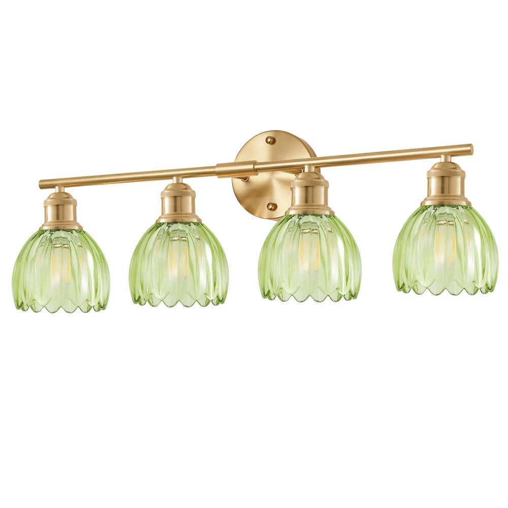 26 in. 4-Light Brushed Gold Vanity Light Wall Light Over Mirror with Green Tulip Glass Shade price history on PriceWatchPro