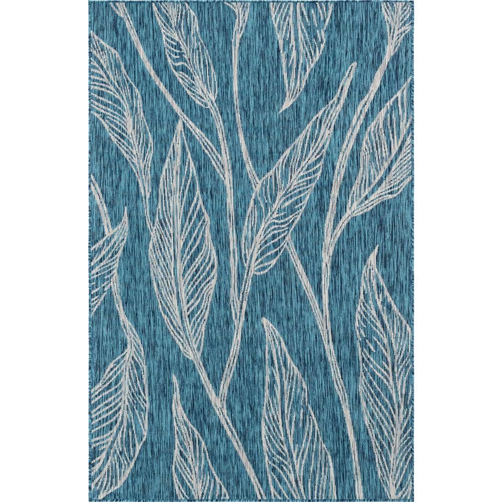 Unique Loom Outdoor Leaf Teal 8 Ft X 11 Ft Area Rug 3144926 The Home Depot