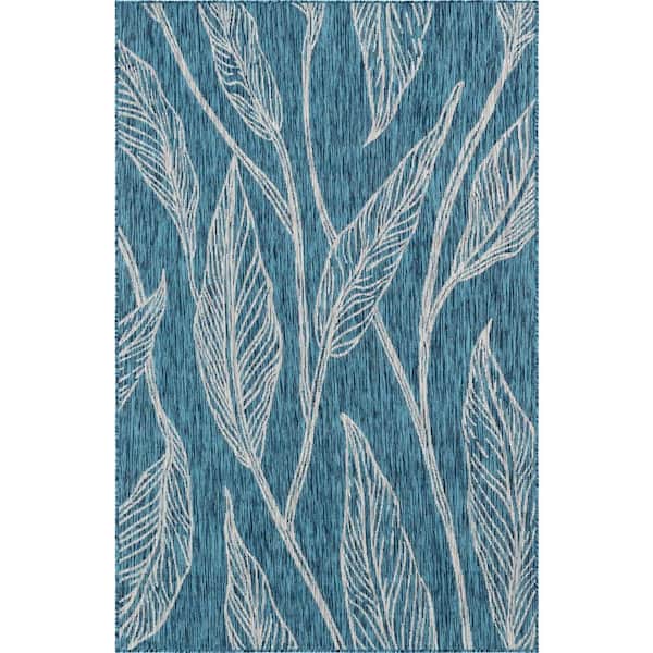 Outdoor Leaf Teal 6 ft. x 9 ft. Area Rug