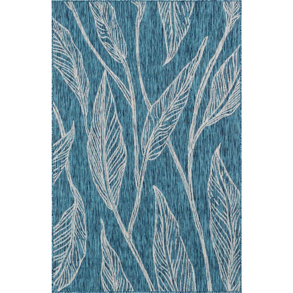 Teal and Ivory Botanical Outdoor Rectangular Rug 4' x 6'