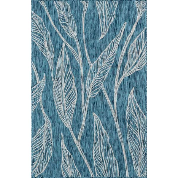 Unique Loom Outdoor Leaf Teal 4 ft. x 6 ft. Area Rug