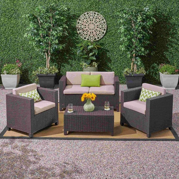Miscool Anky Brown 4-Piece Wicker Outdoor Sectional Set with Beige Cushions