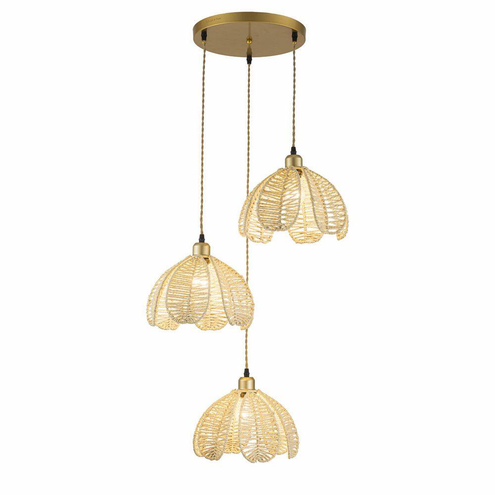 Cali 20 in. 3-Light Gold Natural Coastal Boho Cluster Pendant Light for Foyer with Multi Rattan Shade price history on PriceWatchPro