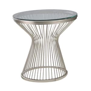 23.5in Satin Nickel Round Glass End Table with Hourglass Pedestal Base
