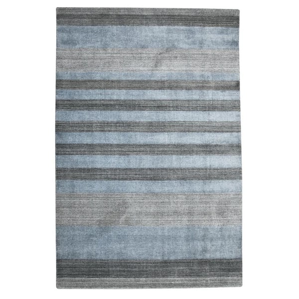 10 ft. x 14 ft. Gray And Light Blue Wool Striped Hand Woven Area Rug