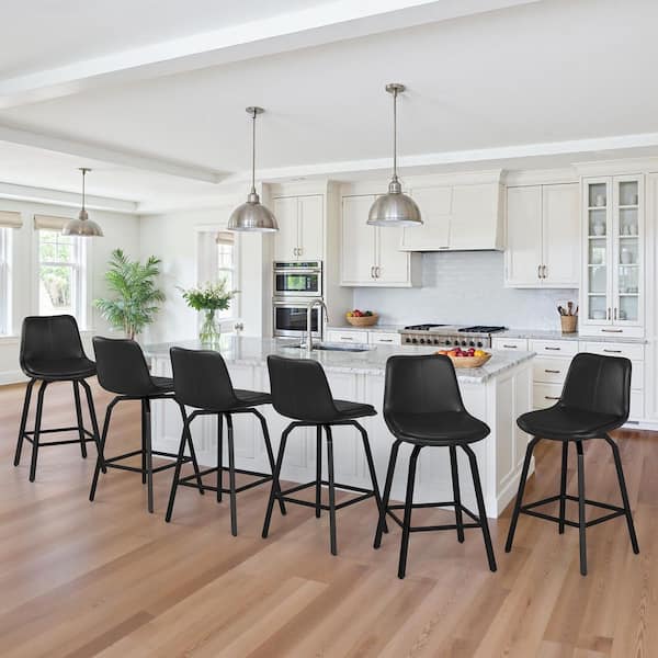 YANNIS Black Faux Leather Swivel Bar Stool Metal Frame Double-cushioned Counter Height Stool (Set Of 6)