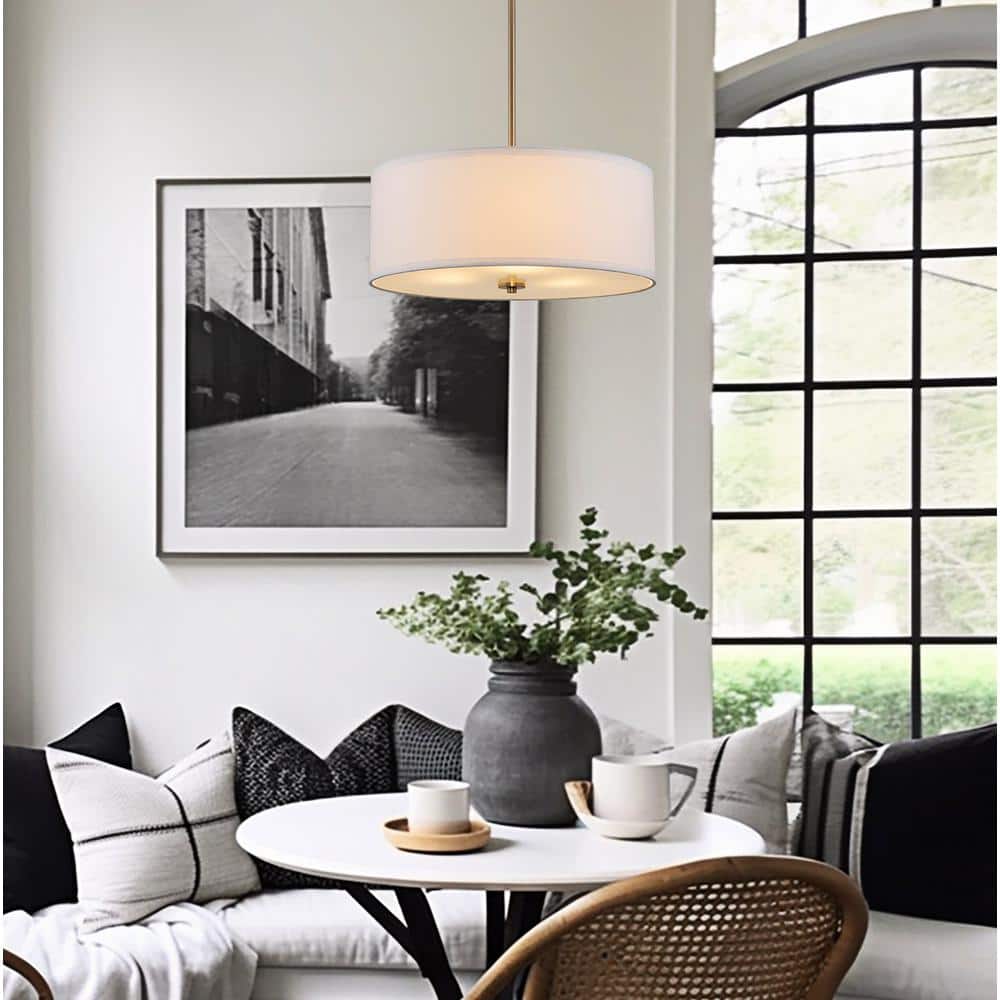Nolan 18'' Cool Brass Drum Pendant Chandelier with White Fabric Shade