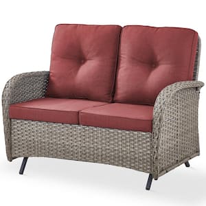 2-Person Gray Wicker Patio Outdoor Glider with Cushion Guard Red Cushions