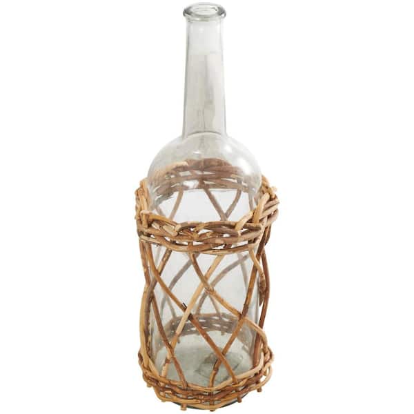 Litton Lane Clear Handmade Tall Glass Decorative Vase with Brown Rattan Woven Lower Body