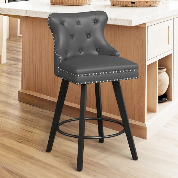 OrangeOne 27 in. Counter Stool Dark Gray Faux Leather Upholstered Button Tufted Swivel Bar Stool with Solid Wood Frame