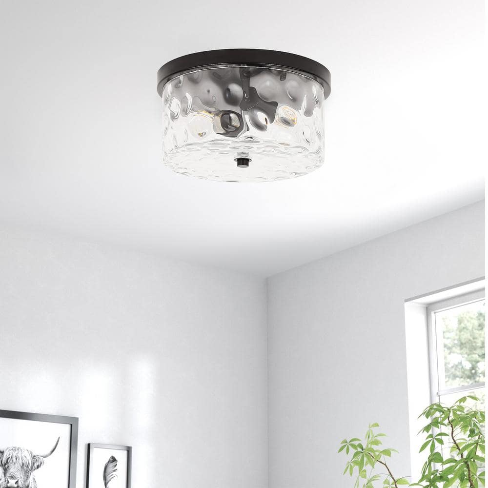 9.8 inch Matte Black Flush Mount Ceiling Light with Hammered Glass Shade