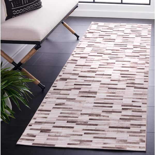 Faux Hide Beige/Brown 3 ft. x 8 ft. Machine Washable Plaid Geometric Runner Rug