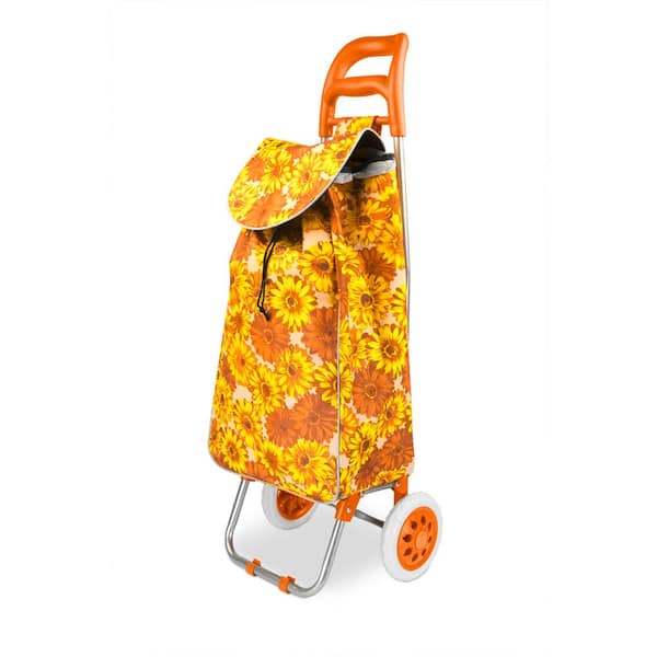 Home Basics Non-Woven 2-Wheeled Floral Printed Rolling Shopping Cart in Orange