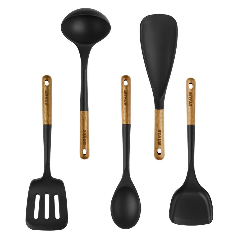 STAUB Silicone Black with Wood Handle 5-pc Cooking Utensil Set