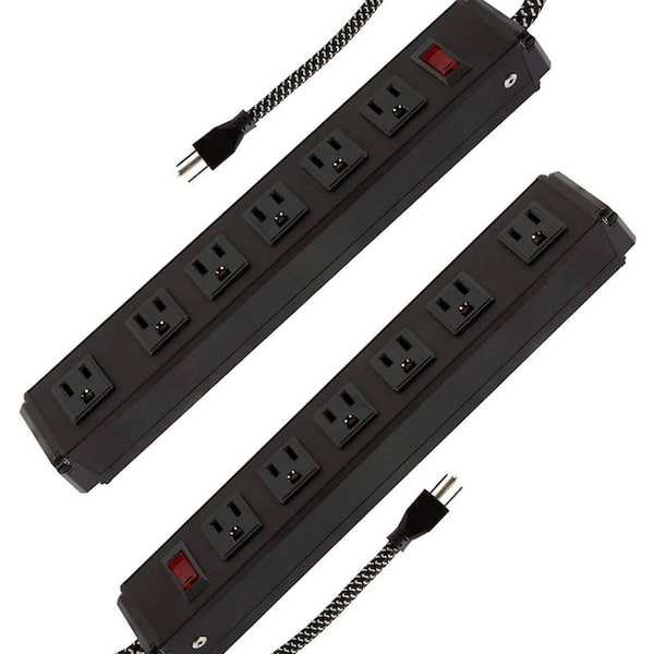 2 Pack Long Power Strip, 6 Metal Power Outlets 2 USB Ports, 6 ft Long  Extension Cord with Hook & Loop, Black