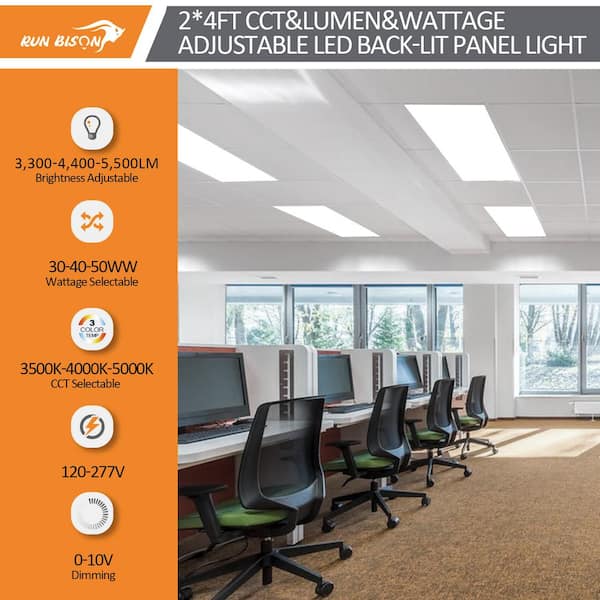 RUN BISON 2 ft. x 4 ft. White Integrated LED Flat Panel Troffer Light Fixture at 5500 Lumens, 3500/4000/5000K Selectable (4-Pack)