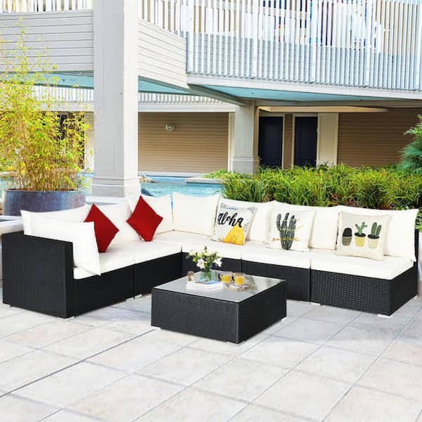 7-Piece Black Wicker Outdoor Sectional Set with Gray and Off White Cushions