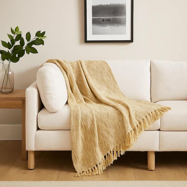 Avu Yellow Cotton and Polyester Throw Blanket with Knotted Tassels