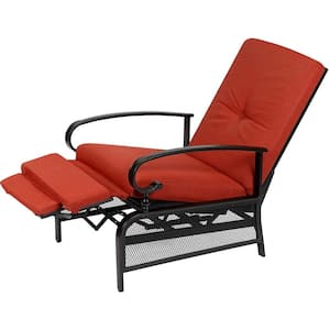 Adjustable Black Metal Outdoor Recliner with Red Cushions