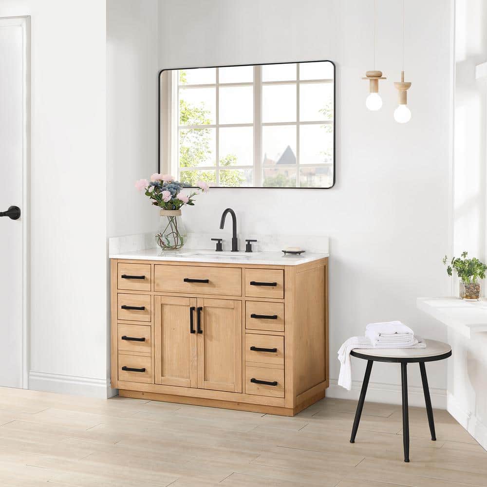 Gavino 48" Light Brown Wood Vanity with Mirror and Stone Top