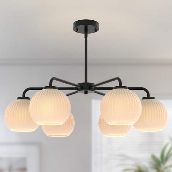 28 in. 6-Light Black Modern Semi-Flush Mount Pendant Lighting, Adjustable Height with Glass Shades for Dining Room