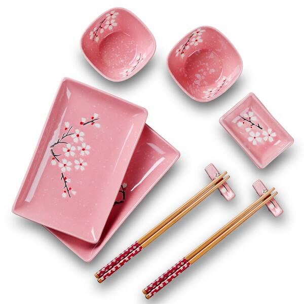 Panbado 10-Piece Pink Porcelain Dinnerware Set Plates and Saucers and Chopsticks Service (Set for 2)