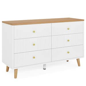 White 6-Drawers 47 in. Dresser, Wide Large Double Dresser Wood Storage Organizer Chest of Drawers for Closet Living Room