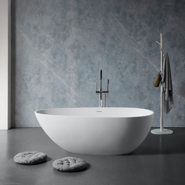 67 in. Solid Surface Stone Resin Freestanding Flatbottom Soaking Bathtub in Matte White