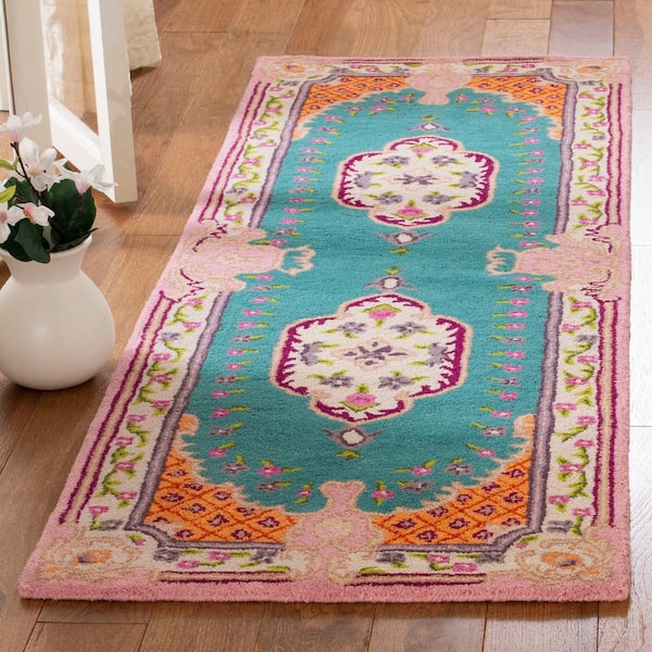 Bellagio Blue/Pink 2 ft. x 11 ft. Floral Border Runner Rug