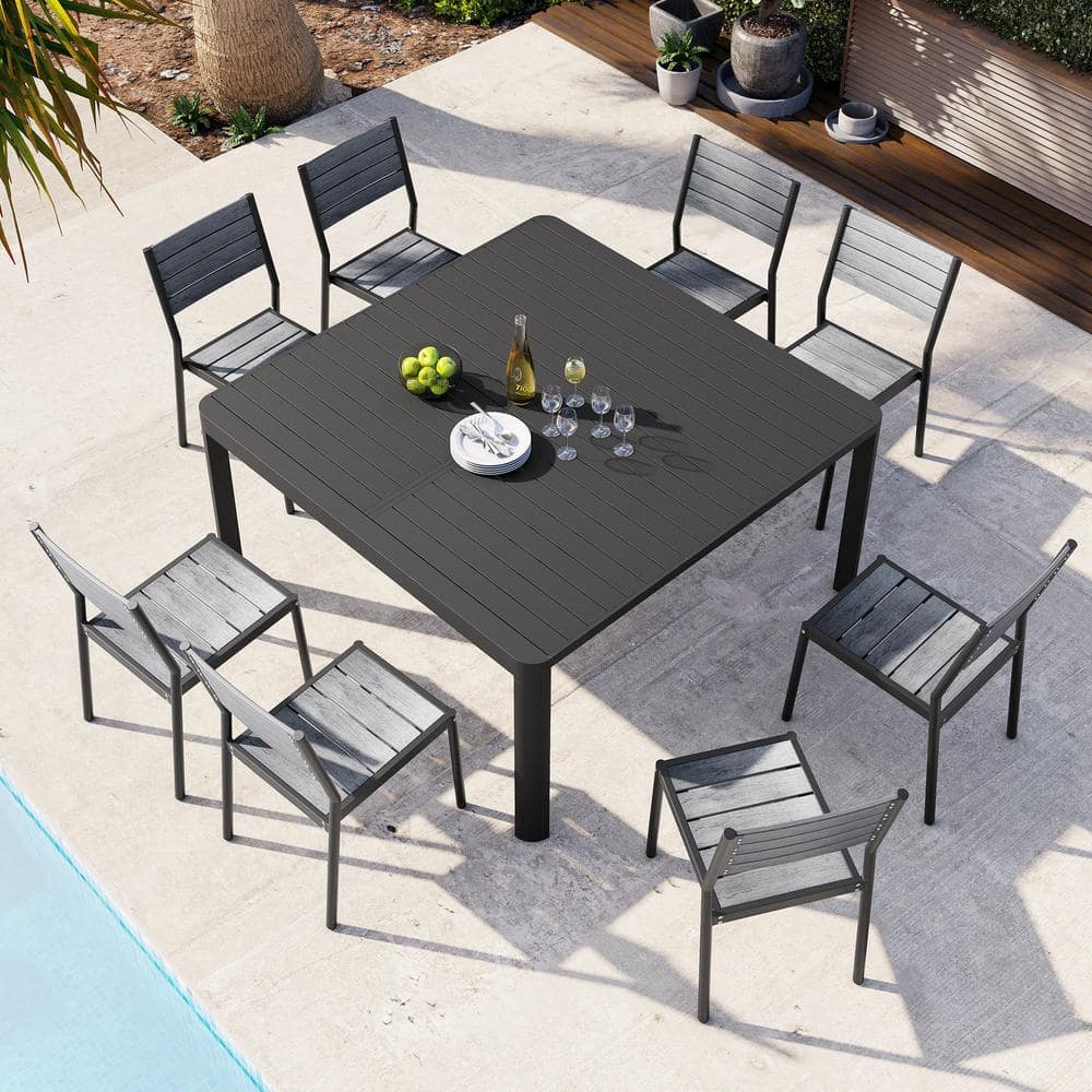 9-Piece Aluminum Outdoor Dining Set with 8-Armless Dining Chairs and Powder-Coated Aluminum Extendable Dining Table