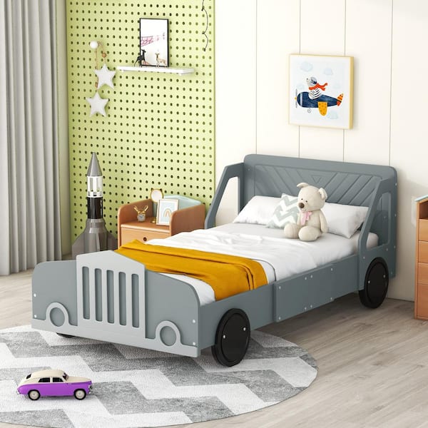 Harper & Bright Designs Gray Wood Frame Twin Size Car-Shaped Platform Bed with Wheels, Headboard, Guardrails