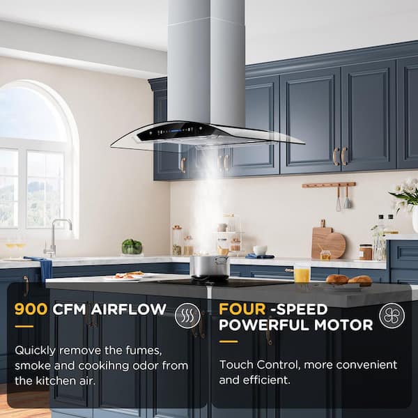 30 in. 900 CFM Ducted Island Range Hood in Stainless Steel with Tempered Glass, 4-LED Lights, LCD Gesture Control