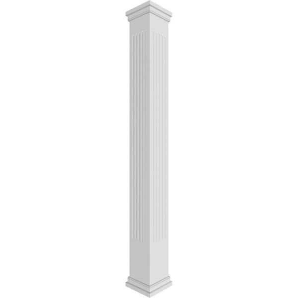 Ekena Millwork 9-5/8 in. x 9 ft. Premium Square Non-Tapered, Fluted PVC Column Wrap Kit, Prairie Capital and Base