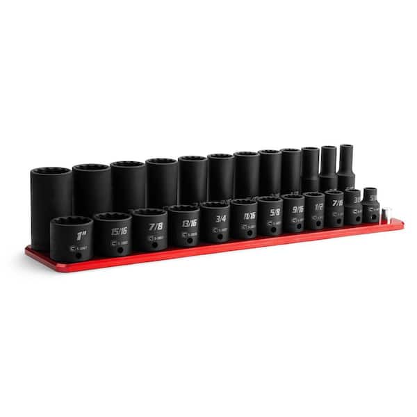 3/8 in. Drive SAE 12-Point Shallow and Deep Impact Socket Set with Red Billet Aluminum Socket Rail (24-Piece)