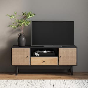 Bonnie 43 in. Black/Rattan TV Stand Entertainment Center with Fits 40 in. TV Natural Rattan Doors, for Living Room