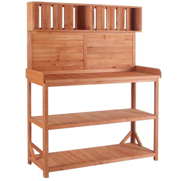 Unbranded 46.9 in. W x 65 in. H Outdoor Potting Bench Table Garden Potting Bench with 4-Storage Shelves and Side Hook in Natural