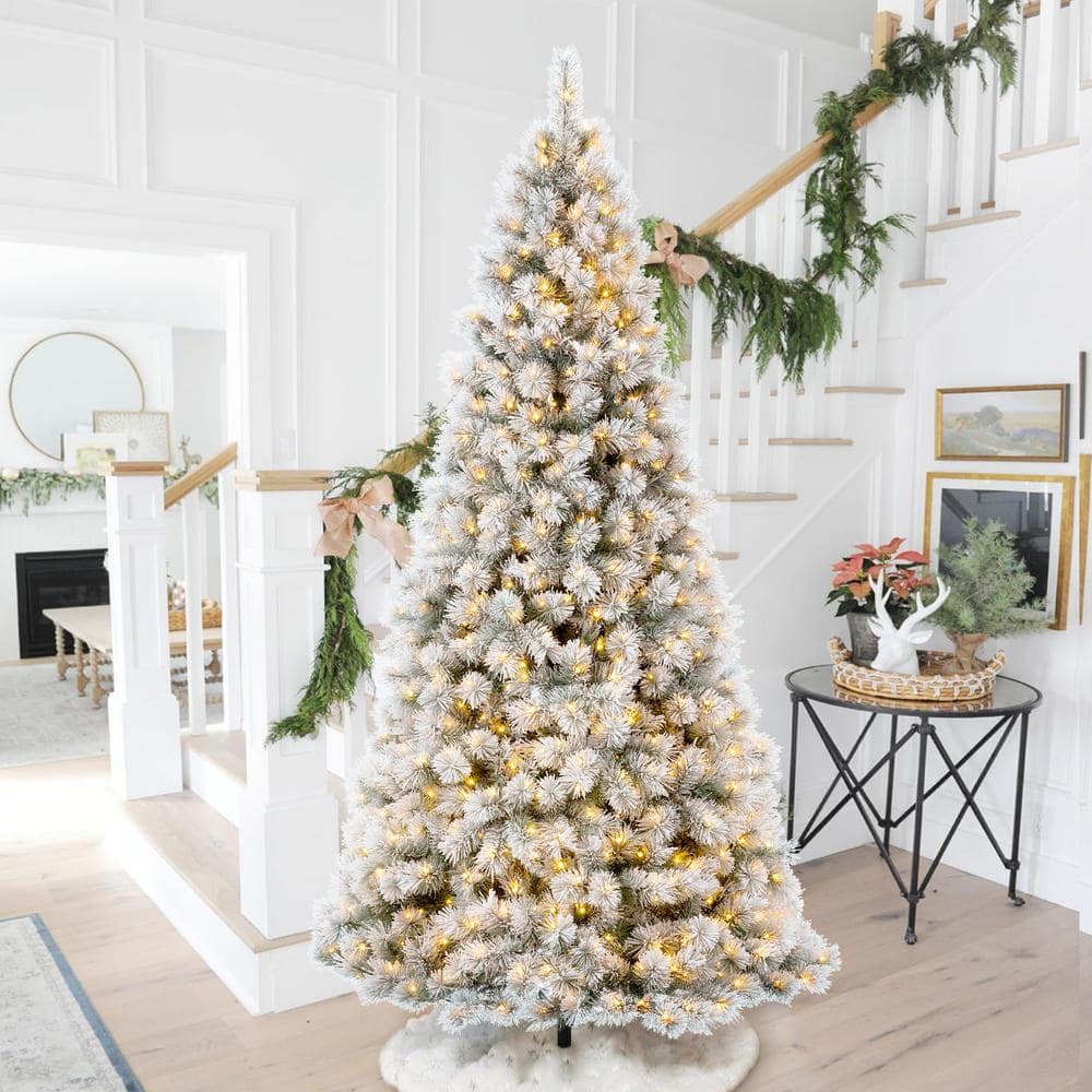 9ft White Flocked Spruce Christmas Tree with Warm LED Lights