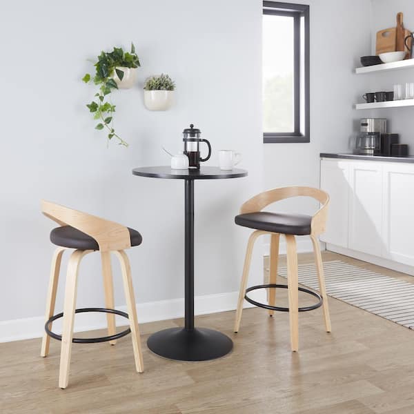 Lumisource Grotto 25.25 in. Brown Faux Leather, Natural Wood and Black Metal Fixed-Height Counter Stool (Set of 2)